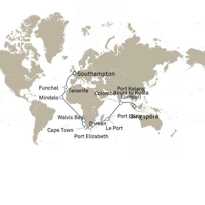 Queen Anne Voyage H603A itinerary map from Southampton, England, UK to Singapore