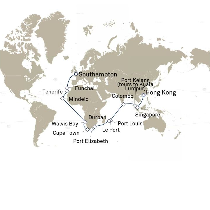 Queen Anne Voyage H603B itinerary map from Southampton, England, UK to Hong Kong, China
