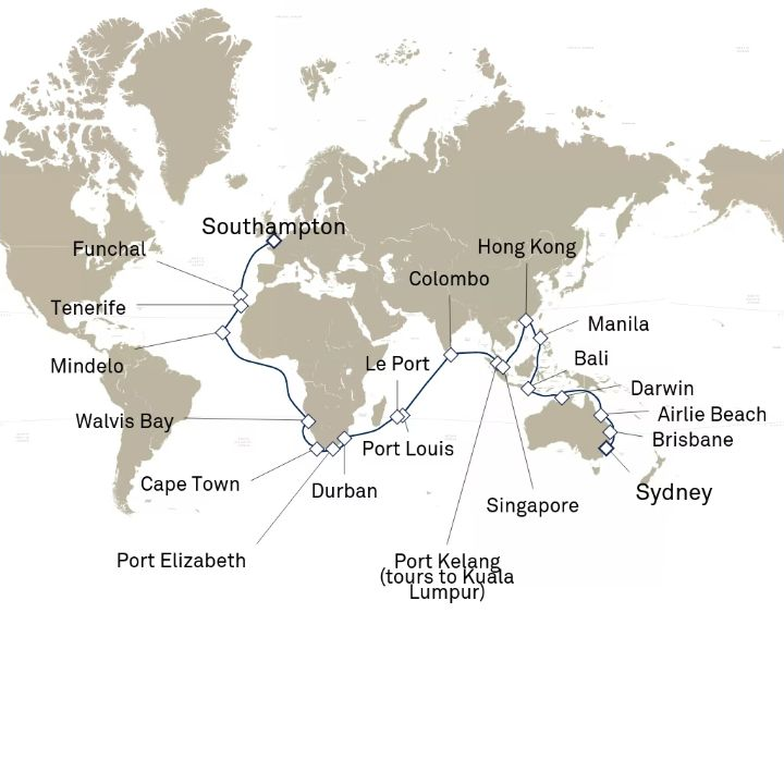 Queen Anne Voyage H603C itinerary map from Southampton, England, UK to Sydney, NSW, Australia