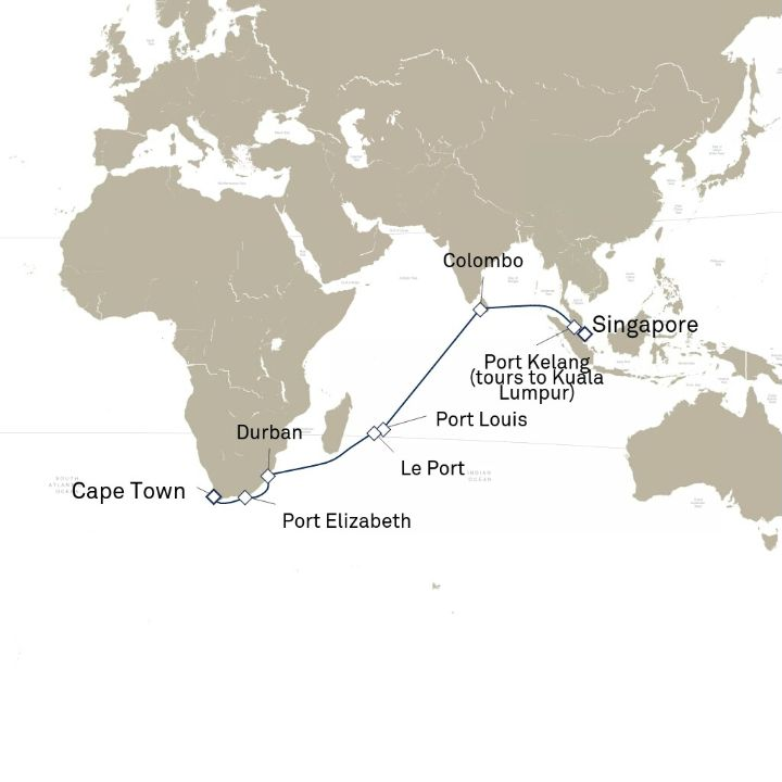 Queen Anne Voyage H604 itinerary map from Cape Town, South Africa to Singapore