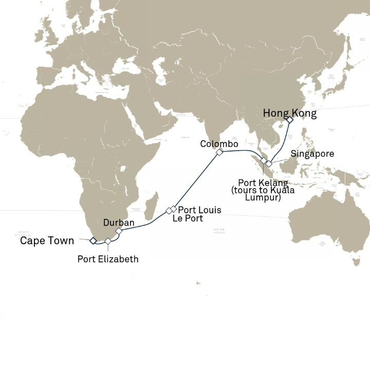 Queen Anne Voyage H604A itinerary map from Cape Town, South Africa to Hong Kong, China