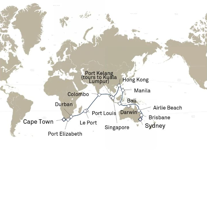 Queen Anne Voyage H604B itinerary map from Cape Town, South Africa to Sydney, NSW, Australia