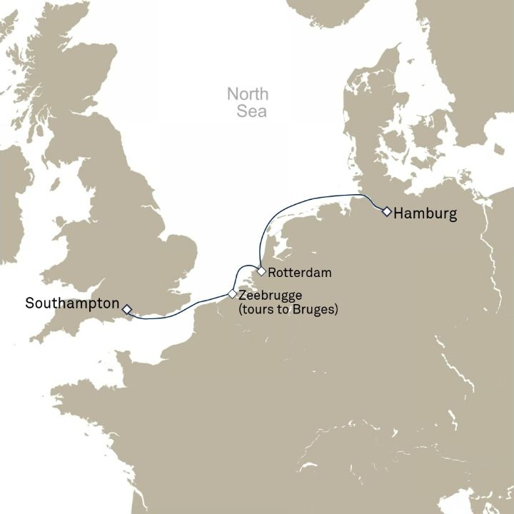 Queen Anne Voyage H602B itinerary map from Hamburg, Germany to Southampton, England, UK