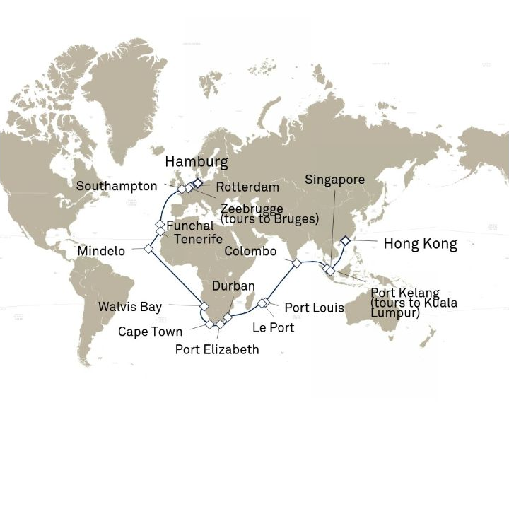 Queen Anne Voyage H602D itinerary map from Hamburg, Germany to Hong Kong, China