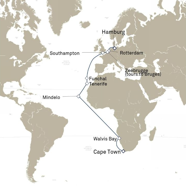 Queen Anne Voyage H602C itinerary map from Hamburg, Germany to Cape Town, South Africa