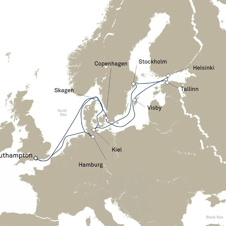 Queen Anne Voyage H618 itinerary map from Southampton, England, UK to Southampton, England, UK