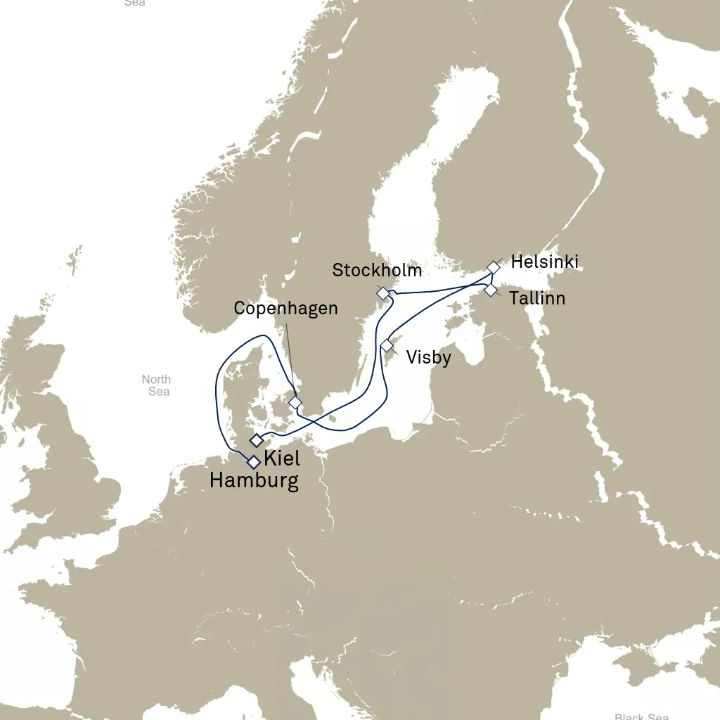 Queen Anne Voyage H618B itinerary map from Hamburg, Germany to Kiel, Germany