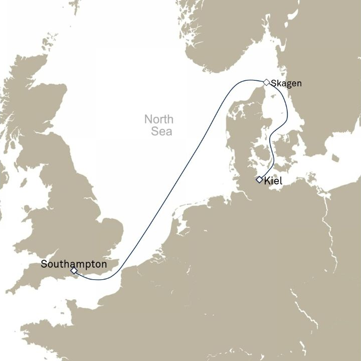 Queen Anne Voyage H618C itinerary map from Kiel, Germany to Southampton, England, UK
