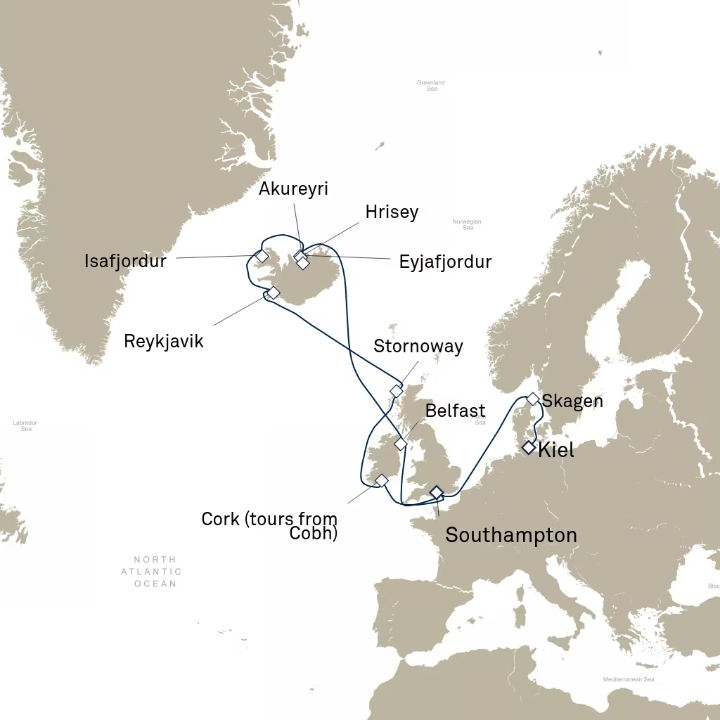 Queen Anne Voyage H618D itinerary map from Kiel, Germany to Southampton, England, UK