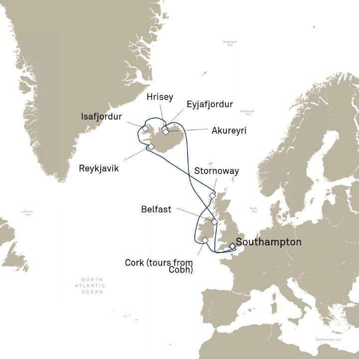 Queen Anne Voyage H619 itinerary map from Southampton, England, UK to Southampton, England, UK
