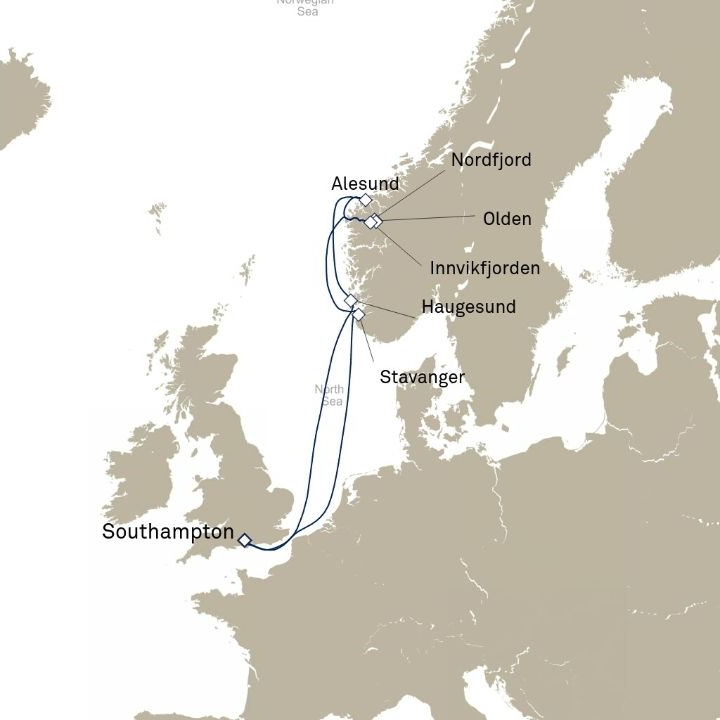 Queen Anne Voyage H617 itinerary map from Southampton, England, UK to Southampton, England, UK