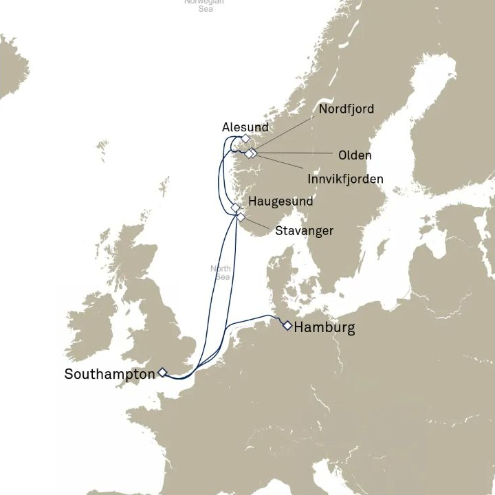 Queen Anne Voyage H617A itinerary map from Southampton, England, UK to Hamburg, Germany