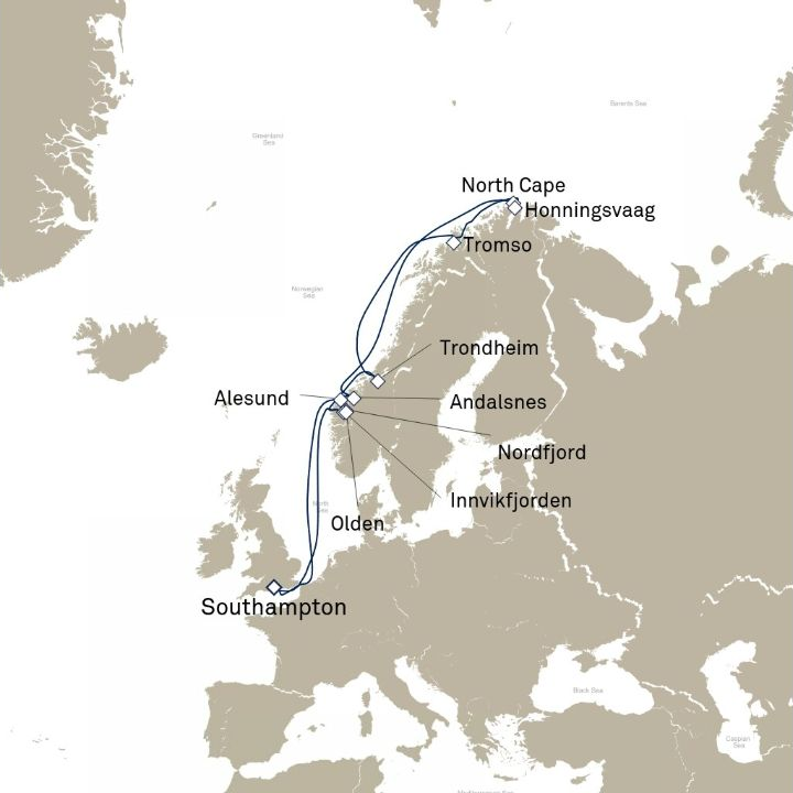 Queen Anne Voyage H616 itinerary map from Southampton, England, UK to Southampton, England, UK