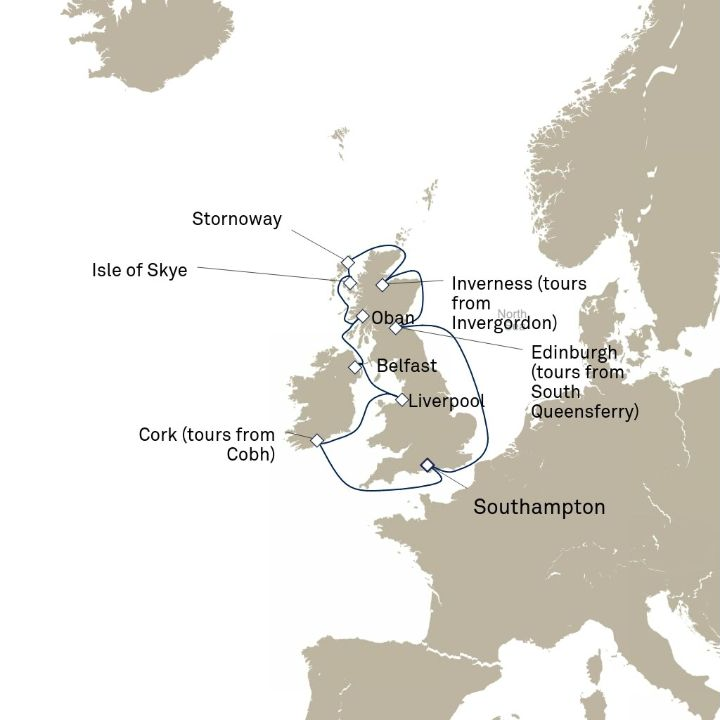 Queen Anne Voyage H615 itinerary map from Southampton, England, UK to Southampton, England, UK