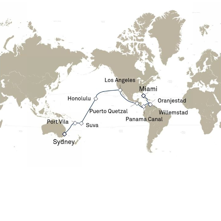 Queen Anne Voyage H607A itinerary map from Sydney, NSW, Australia to Miami, FL, USA