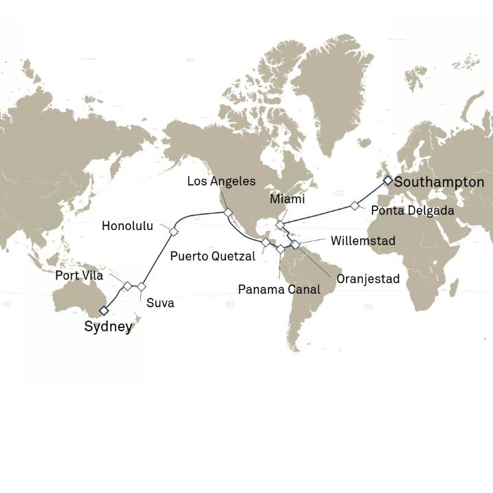 Queen Anne Voyage H607B itinerary map from Sydney, NSW, Australia to Southampton, England, UK