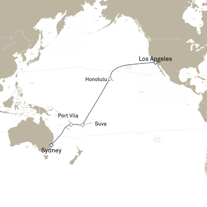 Queen Anne Voyage H607 itinerary map from Sydney, NSW, Australia to Los Angeles, CA, USA