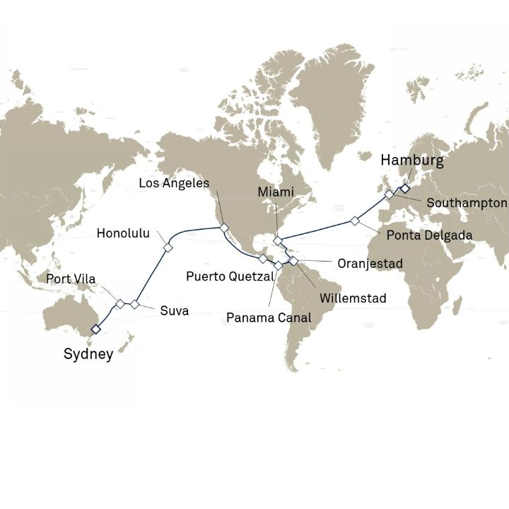 Queen Anne Voyage H607C itinerary map from Sydney, NSW, Australia to Hamburg, Germany