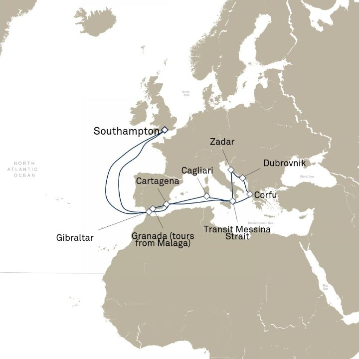 Queen Anne Voyage H612 itinerary map from Southampton, England, UK to Southampton, England, UK