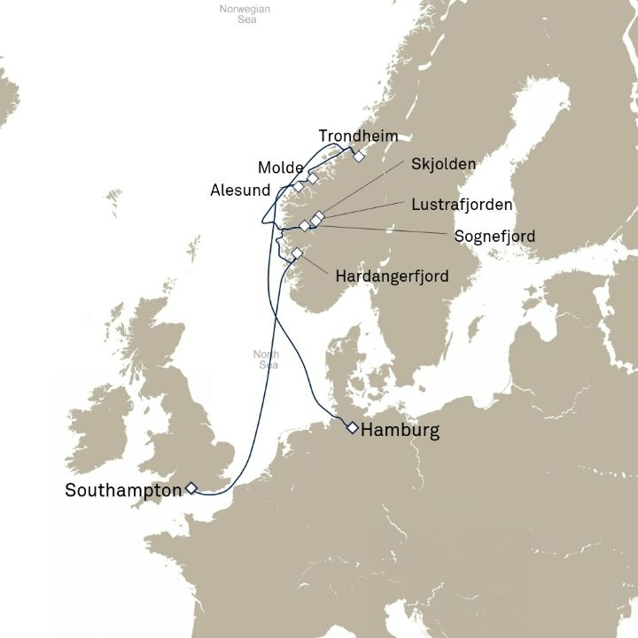 Queen Anne Voyage H611 itinerary map from Hamburg, Germany to Southampton, England, UK