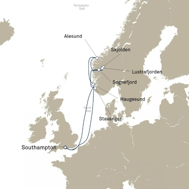 Queen Anne Voyage H613 itinerary map from Southampton, England, UK to Southampton, England, UK