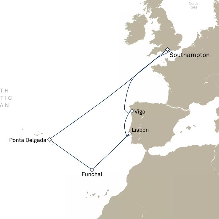 Queen Anne Voyage H628 itinerary map from Southampton, England, UK to Southampton, England, UK
