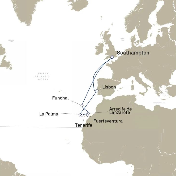 Queen Anne Voyage H631 itinerary map from Southampton, England, UK to Southampton, England, UK
