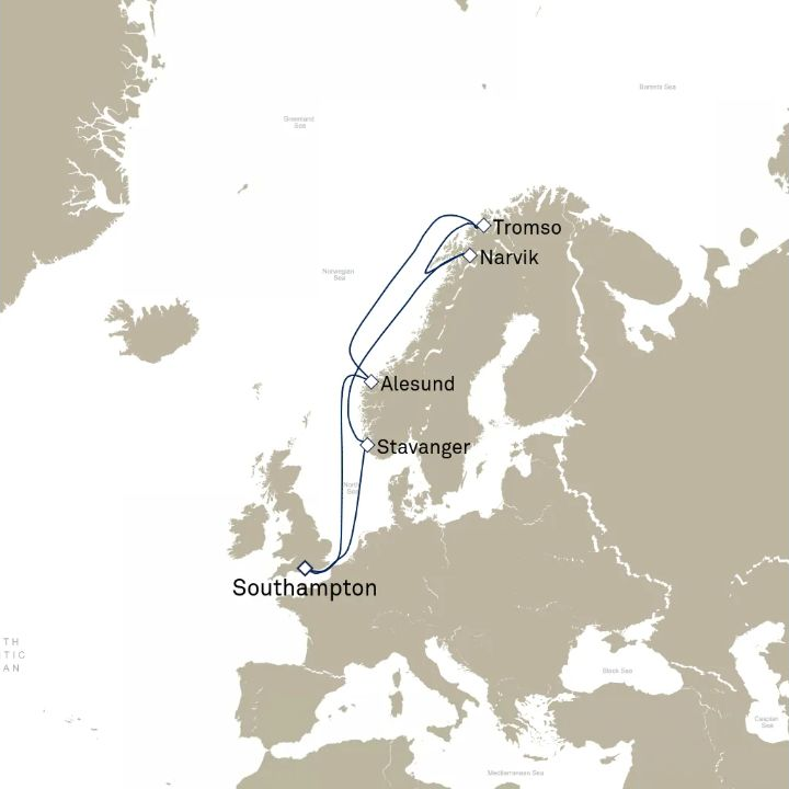 Queen Anne Voyage H626 itinerary map from Southampton, England, UK to Southampton, England, UK