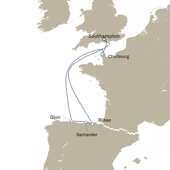Queen Anne Voyage H627 itinerary map from Southampton, England, UK to Southampton, England, UK