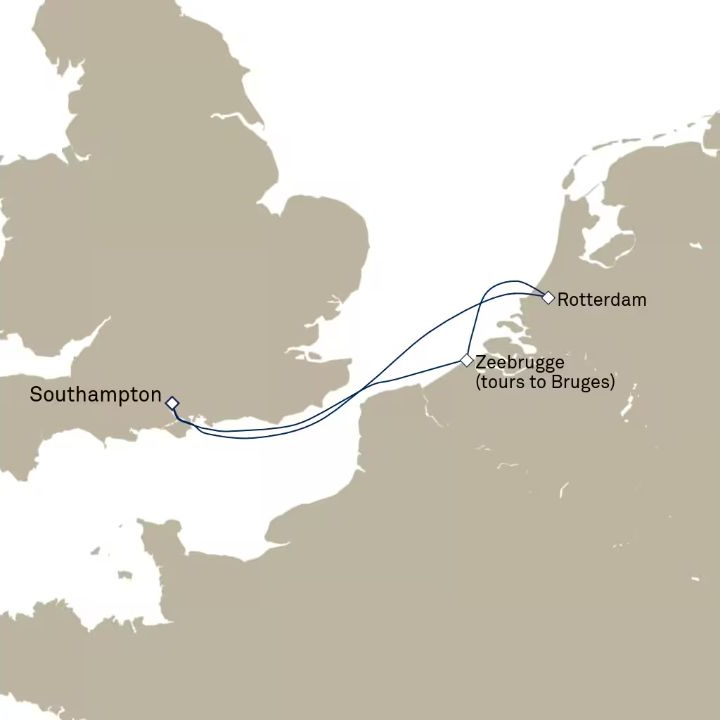 Queen Anne Voyage H625 itinerary map from Southampton, England, UK to Southampton, England, UK