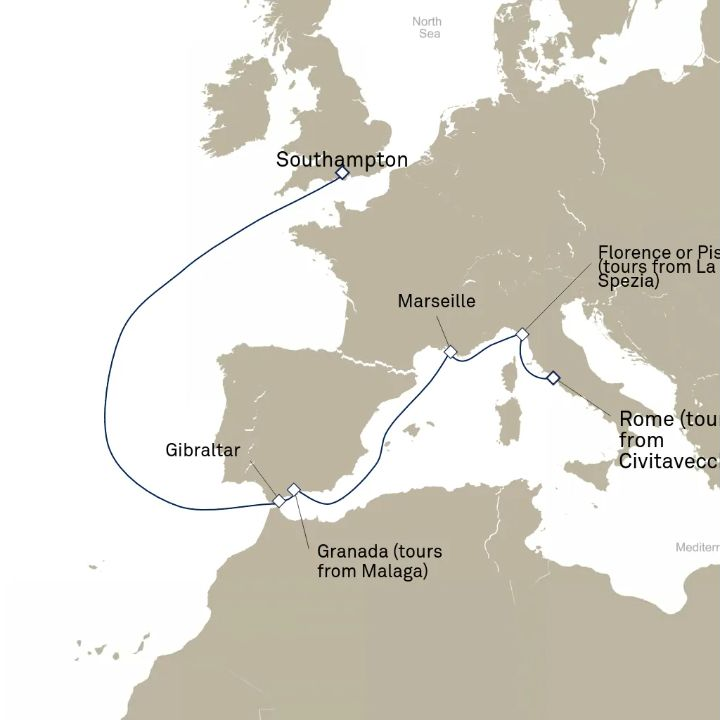 Queen Anne Voyage H623B itinerary map from Civitavecchia (tours to Rome), Italy to Southampton, England, UK