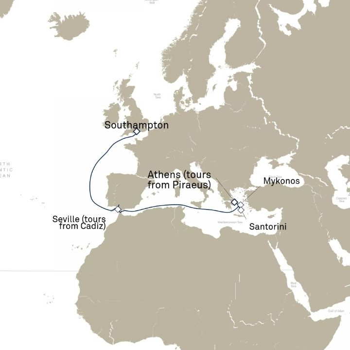 Queen Anne Voyage H624A itinerary map from Southampton, England, UK to Piraeus (tours to Athens), Greece