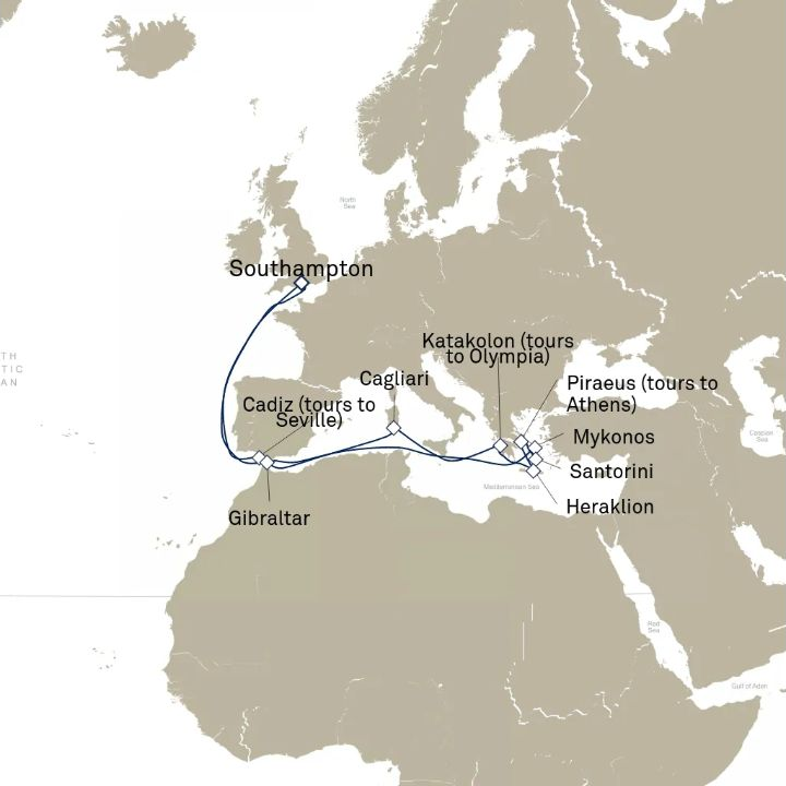 Queen Anne Voyage H624 itinerary map from Southampton, England, UK to Southampton, England, UK