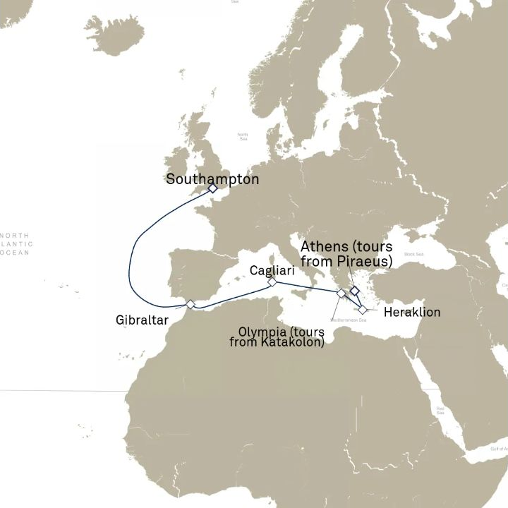 Queen Anne Voyage H624B itinerary map from Piraeus (tours to Athens), Greece to Southampton, England, UK