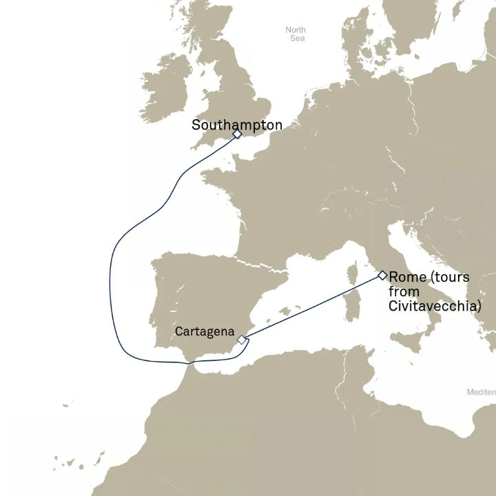 Queen Anne Voyage H623A itinerary map from Southampton, England, UK to Civitavecchia (tours to Rome), Italy