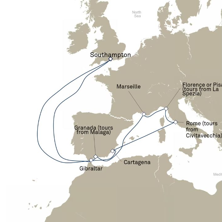 Queen Anne Voyage H623 itinerary map from Southampton, England, UK to Southampton, England, UK
