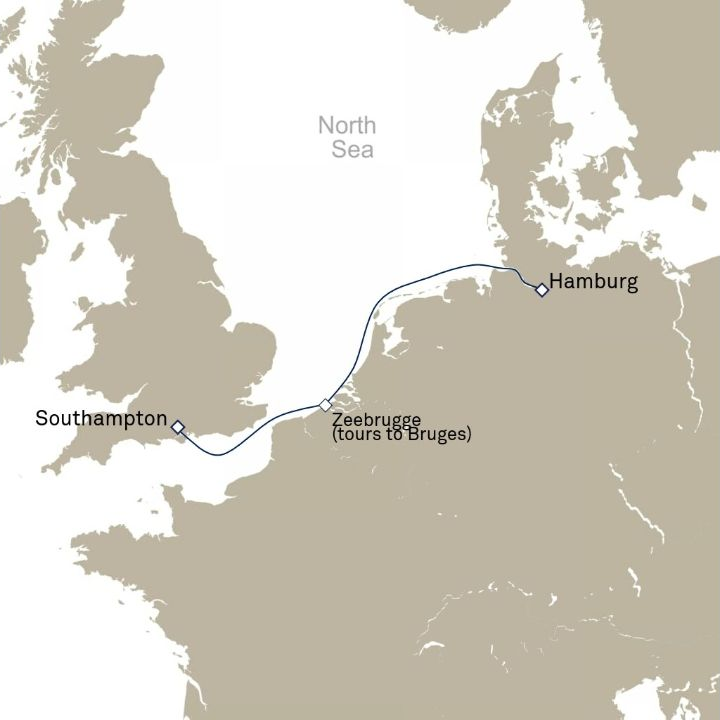 Queen Anne Voyage H708 itinerary map from Southampton, England, UK to Hamburg, Germany