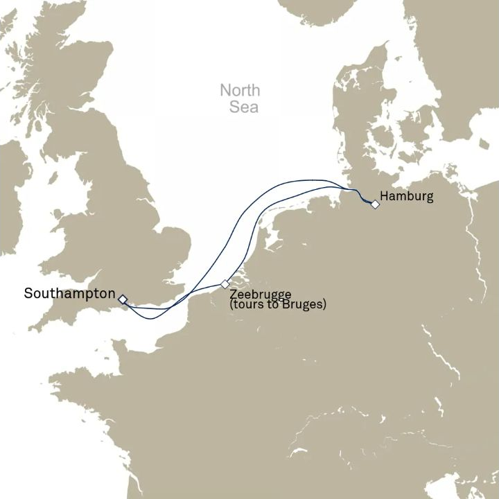 Queen Anne Voyage H708A itinerary map from Southampton, England, UK to Southampton, England, UK