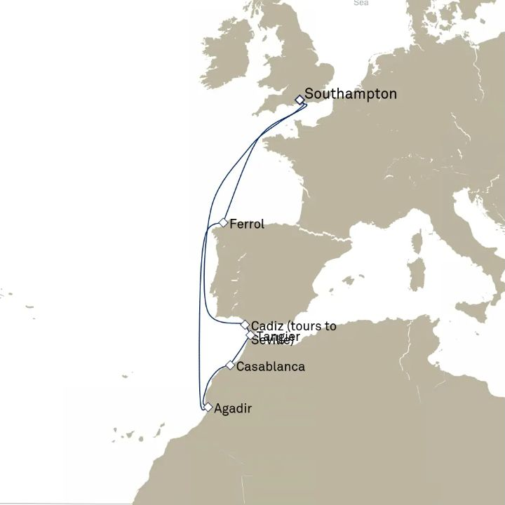 Queen Anne Voyage H711 itinerary map from Southampton, England, UK to Southampton, England, UK
