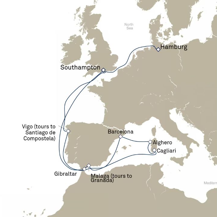 Queen Anne Voyage H709A itinerary map from Hamburg, Germany to Southampton, England, UK