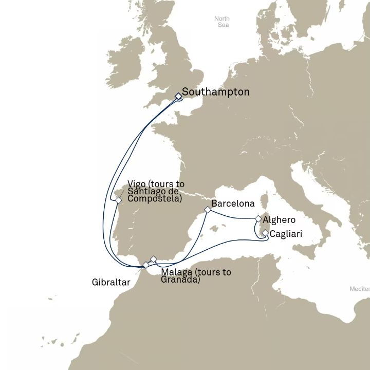 Queen Anne Voyage H710 itinerary map from Southampton, England, UK to Southampton, England, UK