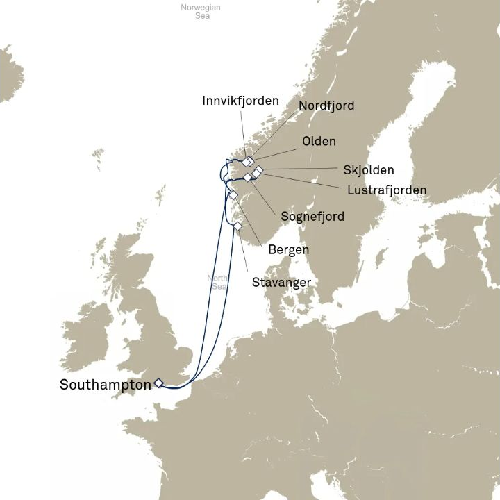 Queen Anne Voyage H721 itinerary map from Southampton, England, UK to Southampton, England, UK