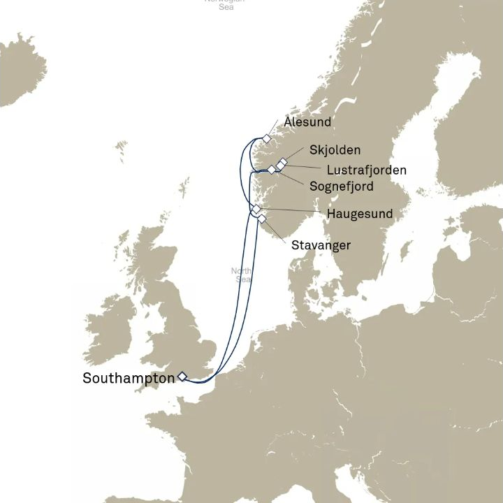 Queen Anne Voyage H722P itinerary map from Southampton, England, UK to Southampton, England, UK