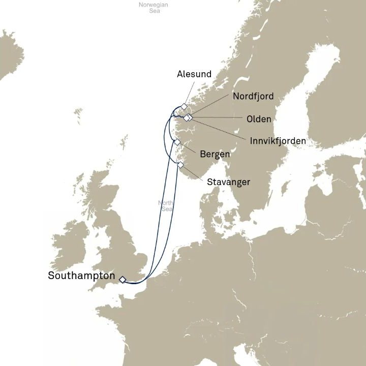 Queen Anne Voyage H723 itinerary map from Southampton, England, UK to Southampton, England, UK