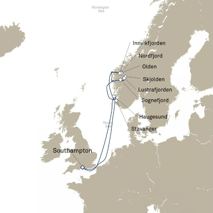 Queen Anne Voyage H724 itinerary map from Southampton, England, UK to Southampton, England, UK