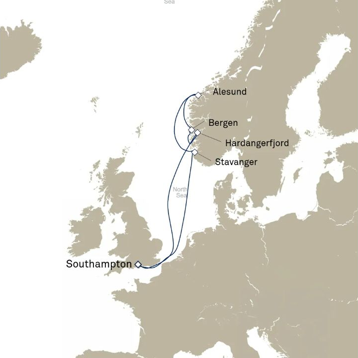 Queen Anne Voyage H722N itinerary map from Southampton, England, UK to Southampton, England, UK