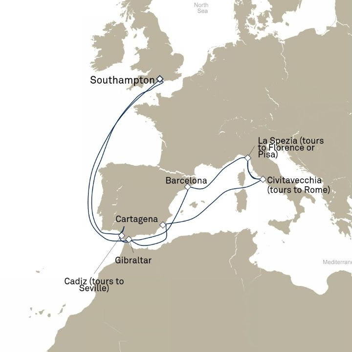 Queen Anne Voyage H722 itinerary map from Southampton, England, UK to Southampton, England, UK