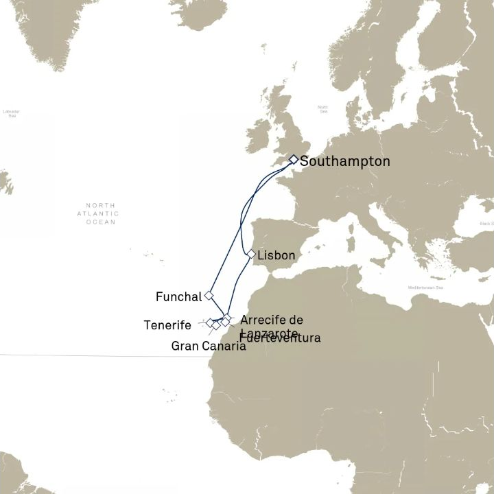 Queen Anne Voyage H801 itinerary map from Southampton, England, UK to Southampton, England, UK