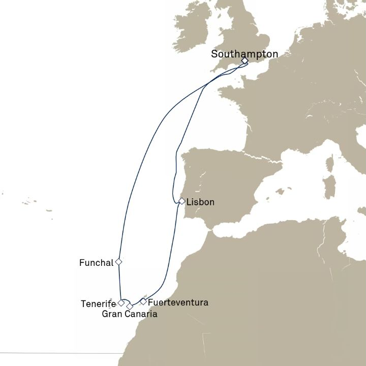 Queen Anne Voyage H734 itinerary map from Southampton, England, UK to Southampton, England, UK