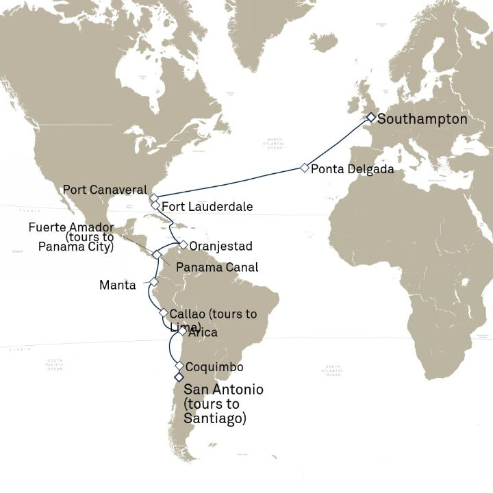 Queen Anne Voyage H706A itinerary map from San Antonio (tours to Santiago), Chile to Southampton, England, UK